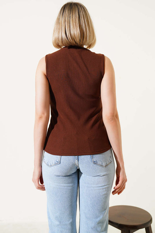 Button Detailed Sleeveless Blouse Brown