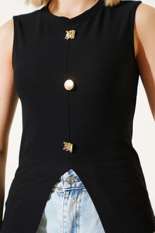 Button Detailed Sleeveless Blouse Black