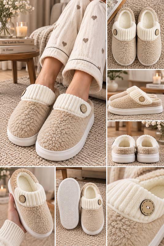 Beige Hauspantoffeln Mit Knopfdetails Aus Plüschfell