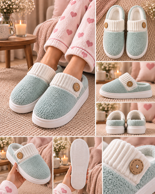 Mint Düğme Detaylı Peluş Ev Terliği