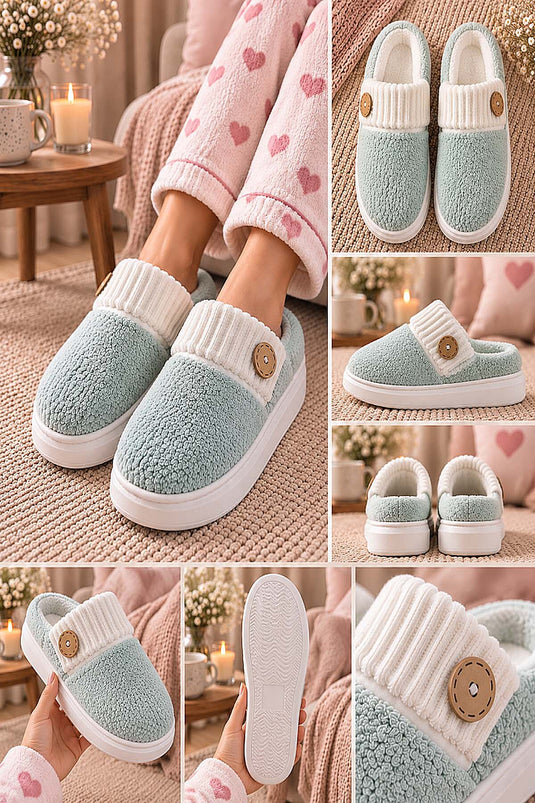Chaussons Maison En Peluche À Détails Boutons Menthe