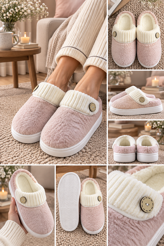 Chaussons Maison En Peluche Rose À Boutons