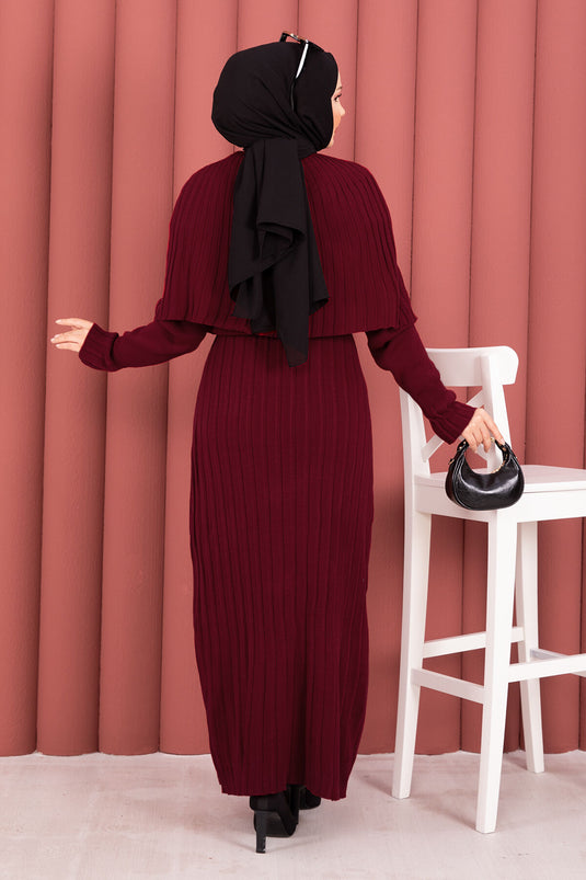 Button Detailed Cape Knit Dress Suit Burgundy