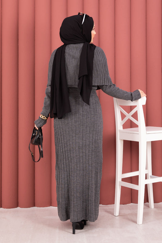 Button Detailed Cape Knit Dress Suit Smoke