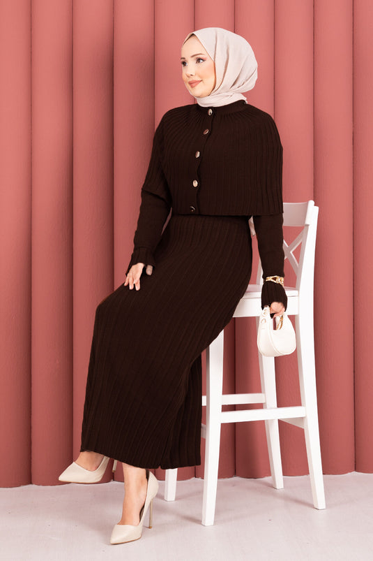 Button Detailed Cape Knit Dress Suit Brown