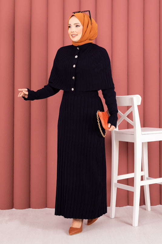 Button Detailed Cape Knit Dress Suit Navy Blue