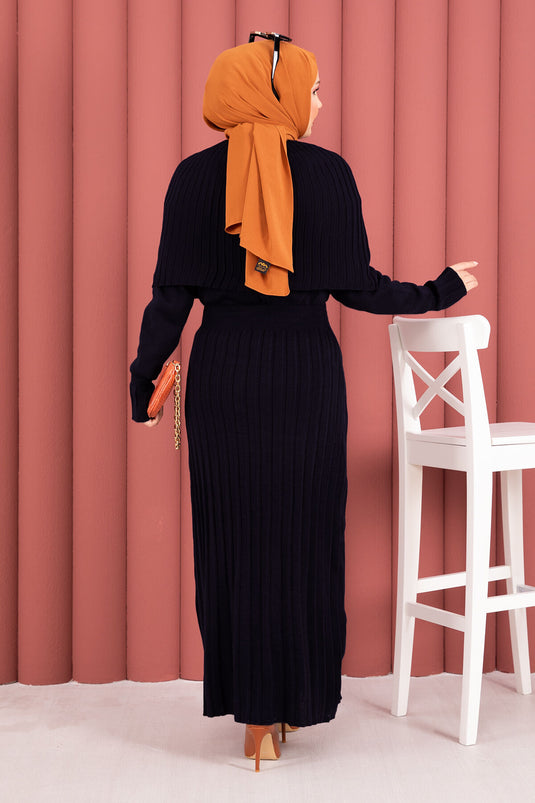 Button Detailed Cape Knit Dress Suit Navy Blue
