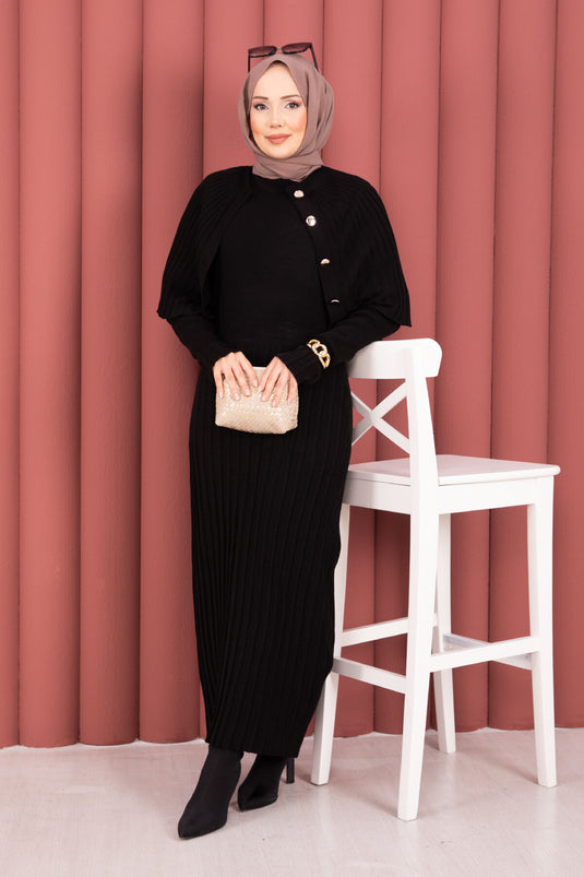 Button Detailed Cape Knit Dress Suit Black