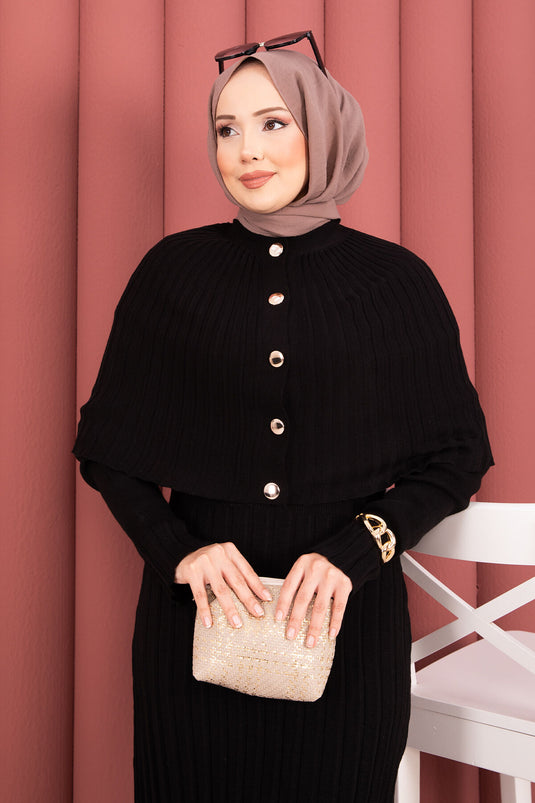 Button Detailed Cape Knit Dress Suit Black