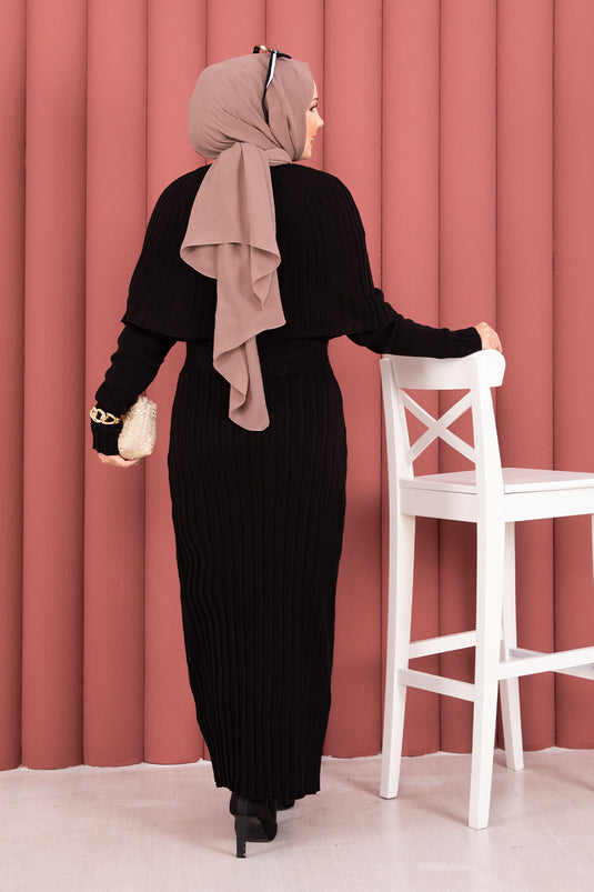 Button Detailed Cape Knit Dress Suit Black