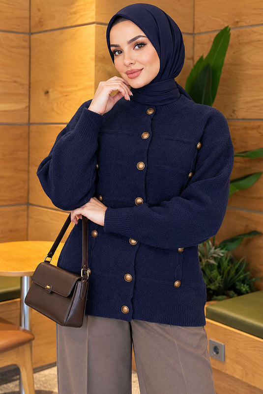 Cardigan Blu Navy Con Bottoni