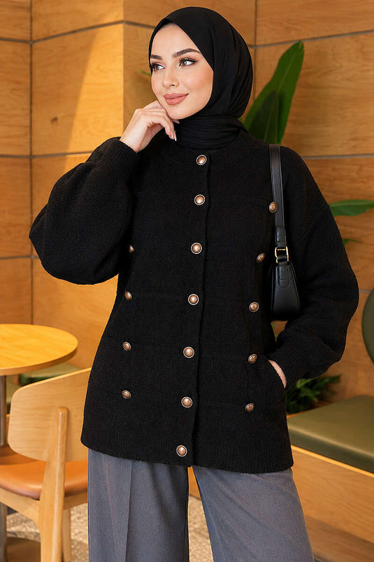 Schwarzer Cardigan Mit Knöpfen Und Bartmuster