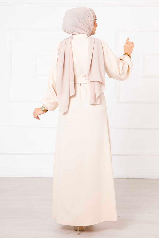 Düğme Detaylı Seyyar Kemerli Tesettür Elbise Krem