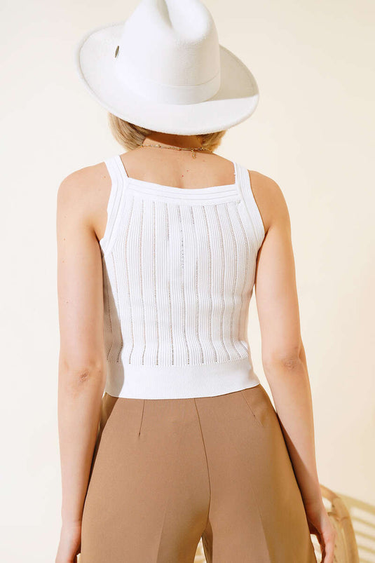 Button Detail Knit Crop Ecru