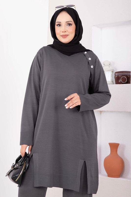Düğme Detaylı Tunik Pantolon Triko Takım Gri