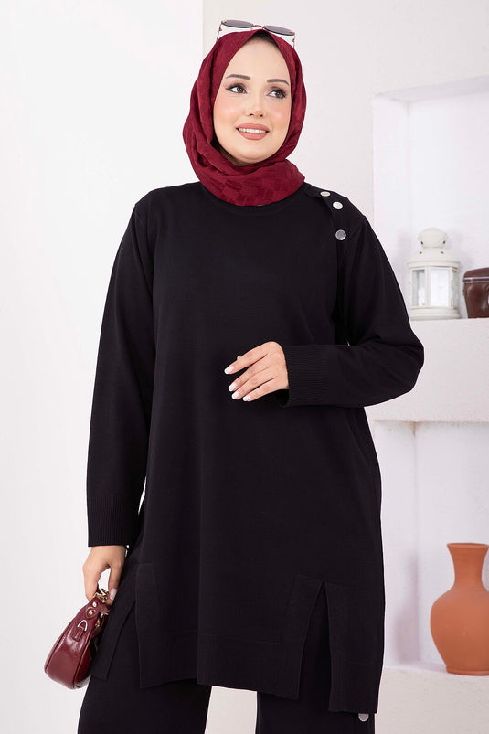 Düğme Detaylı Tunik Pantolon Triko Takım Siyah