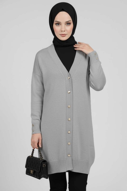 Button Detailed V-Neck Knitted Cardigan Gray