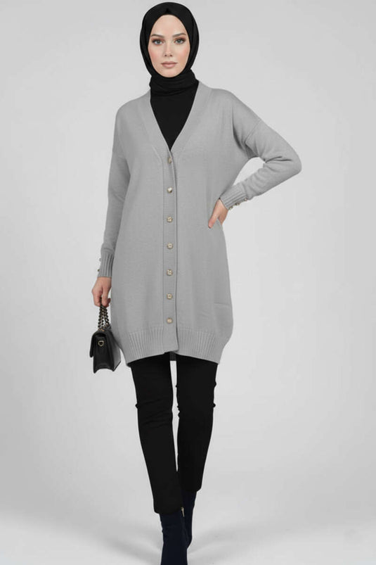 Button Detailed V-Neck Knitted Cardigan Gray