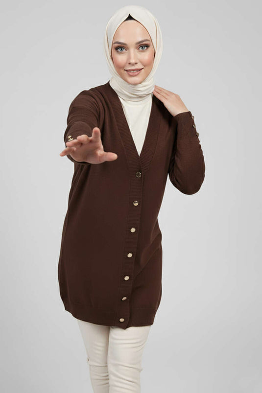 Button Detailed V-Neck Knitwear Cardigan Brown