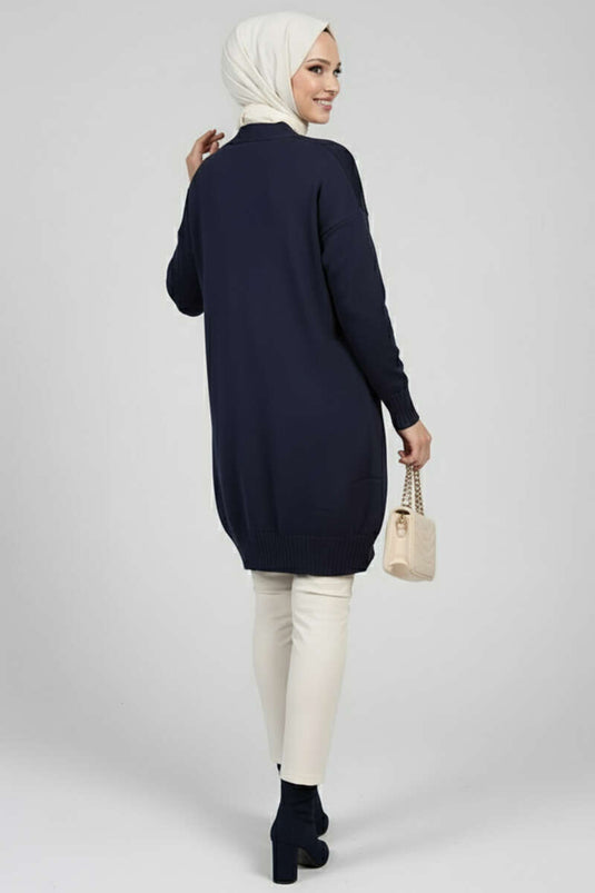 Button Detailed V-Neck Knit Cardigan Navy Blue