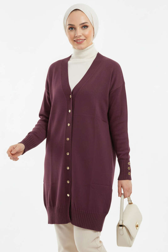 Button Detailed V-Neck Knitwear Cardigan Plum