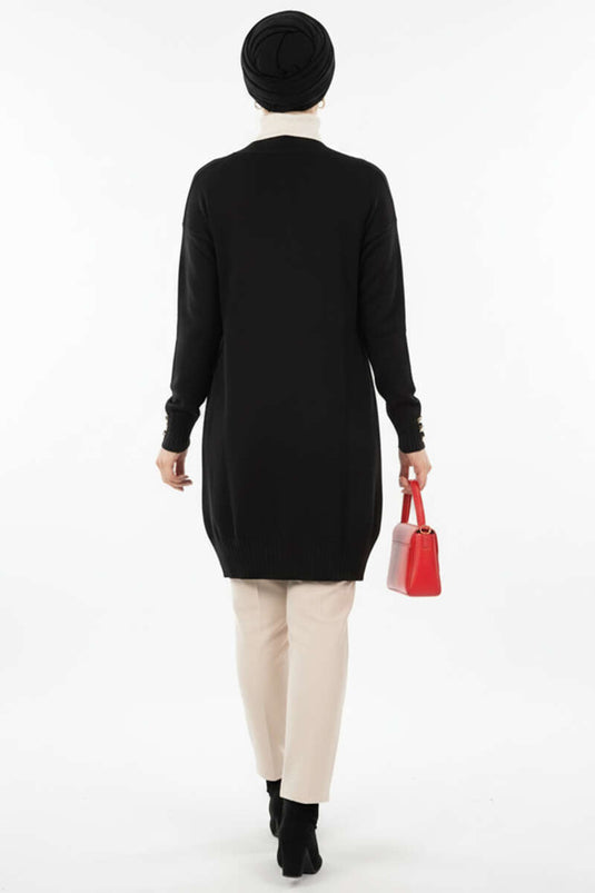 Cardigan tricoté à col en V et boutons détaillés noir