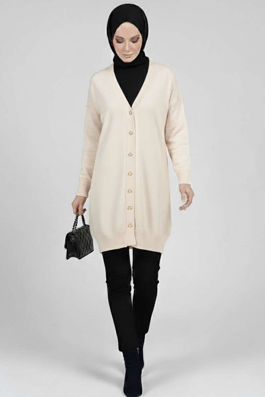Button Detailed V-Neck Knitted Cardigan Stone