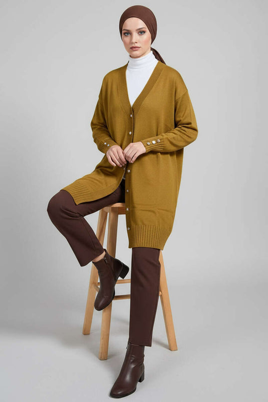 Button Detailed V-Neck Knitwear Cardigan Oil Green