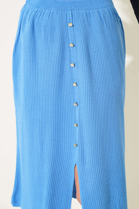 Düğme Detaylı Yırtmaçlı Triko Midi Etek İndigo