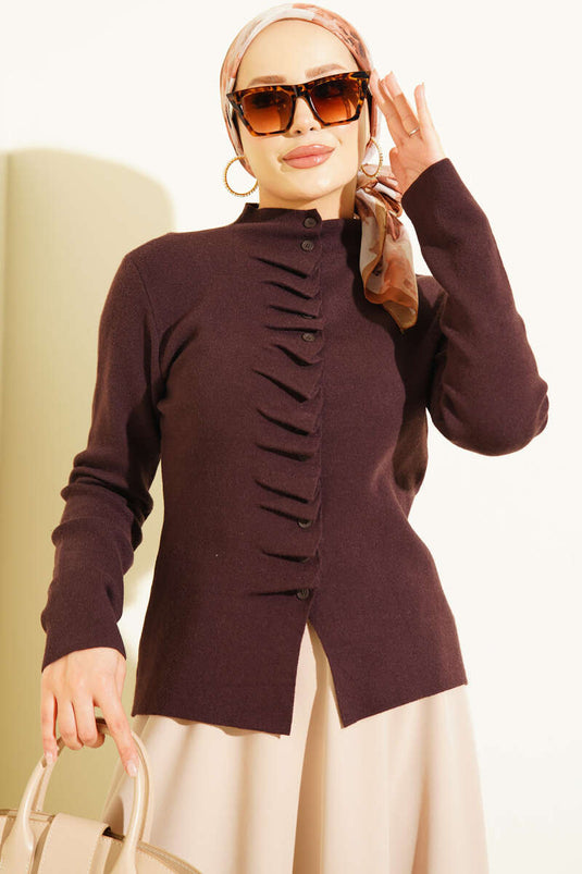 Strickjacke Mit Rüschen Und Knöpfen In Scharfem Braun