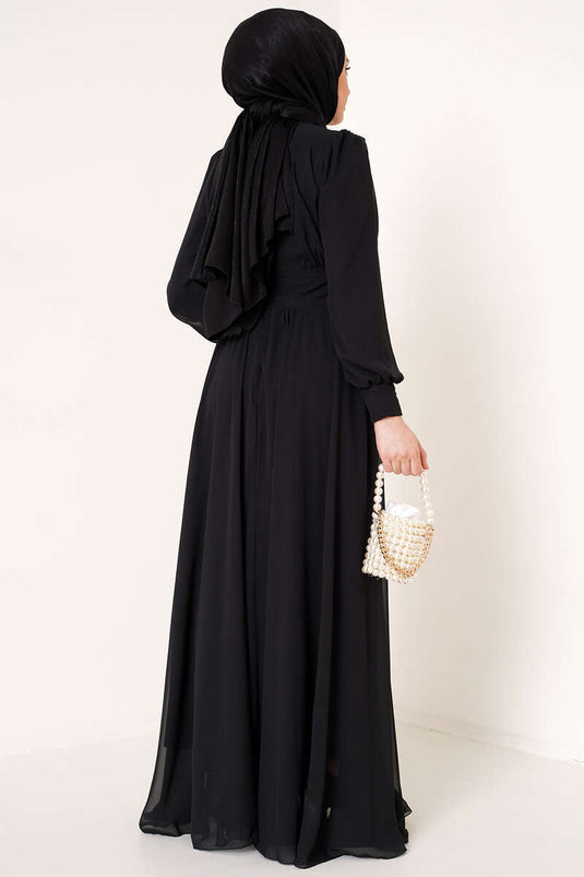 Düğme Süslemeli Şifon Elbise Siyah
