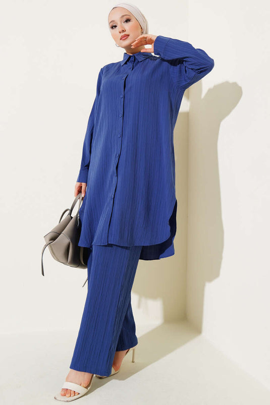 Düğmeli Ağaç Kabuğu İkili Takım İndigo