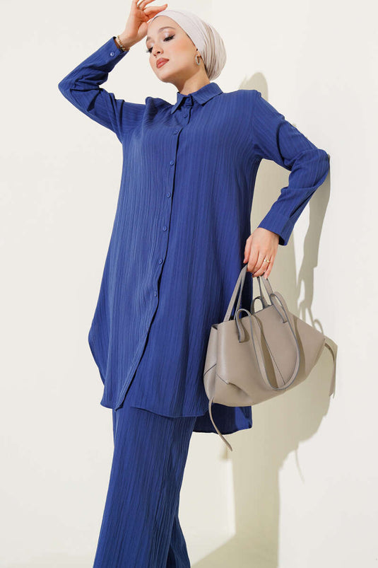 Düğmeli Ağaç Kabuğu İkili Takım İndigo