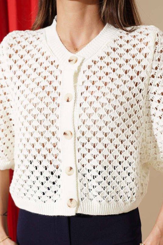 Cardigan court ajouré à boutons écru