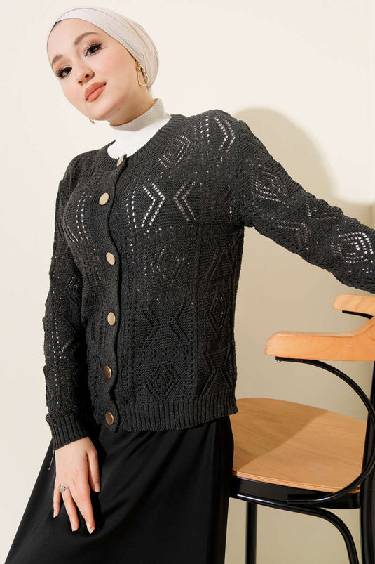 Düğmeli Ajurlu Kısa Triko Hırka Antrasit