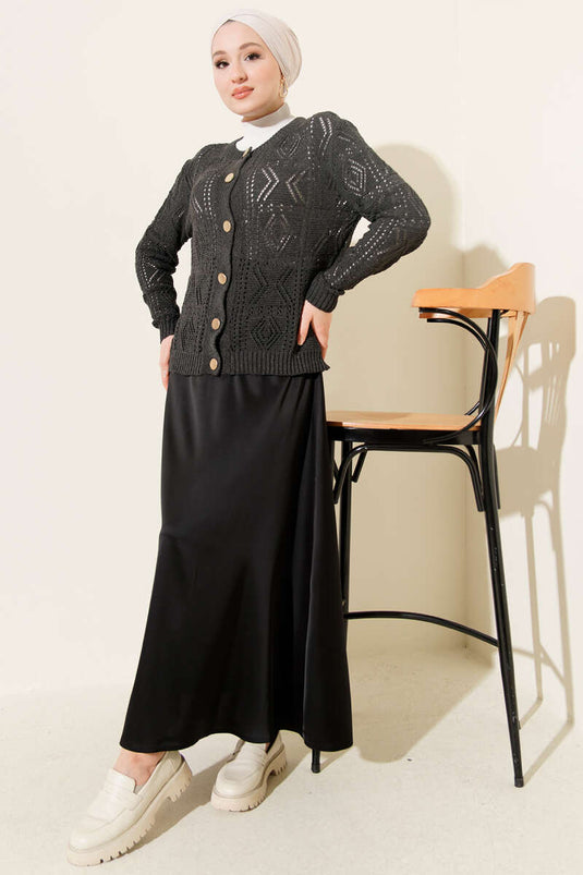 Düğmeli Ajurlu Kısa Triko Hırka Antrasit