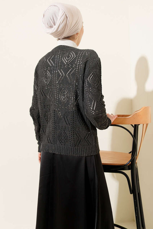 Düğmeli Ajurlu Kısa Triko Hırka Antrasit