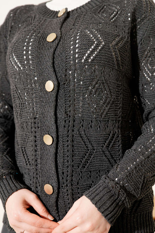 Düğmeli Ajurlu Kısa Triko Hırka Antrasit