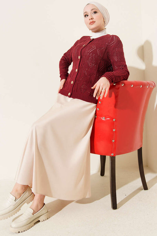 Buttoned Openwork Short Knit Cardigan Burgundy