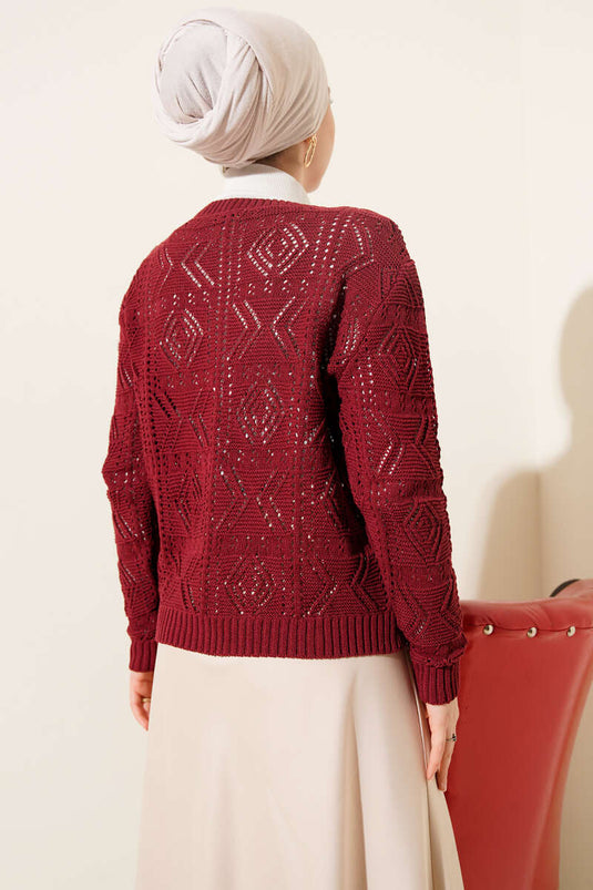Buttoned Openwork Short Knit Cardigan Burgundy