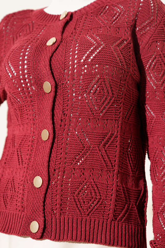 Buttoned Openwork Short Knit Cardigan Burgundy