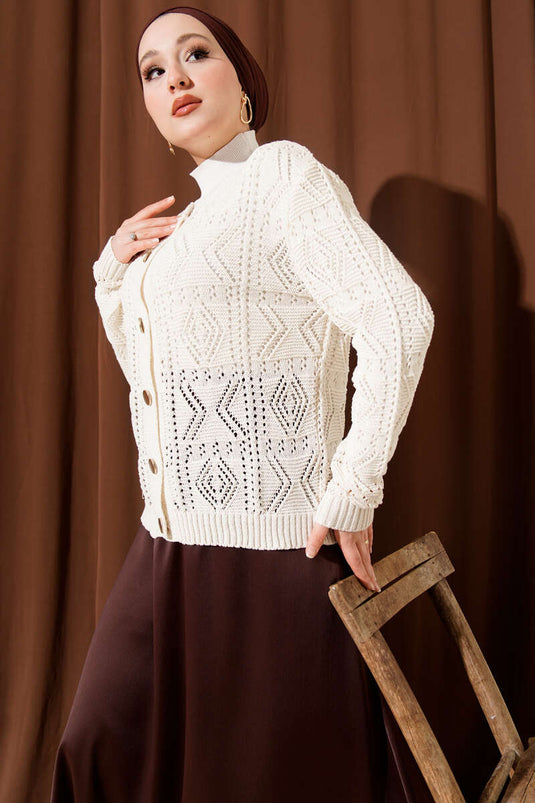 Buttoned Openwork Short Knit Cardigan Ecru