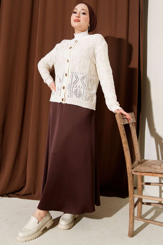 Buttoned Openwork Short Knit Cardigan Ecru