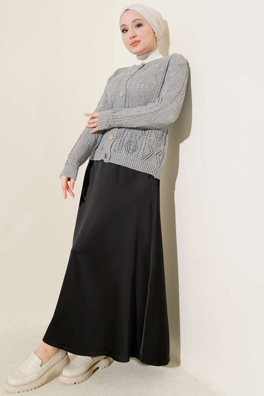 Buttoned Openwork Short Knit Cardigan Gray