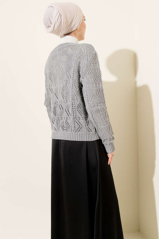 Buttoned Openwork Short Knit Cardigan Gray