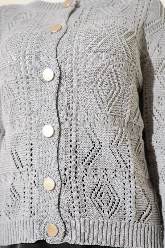 Buttoned Openwork Short Knit Cardigan Gray