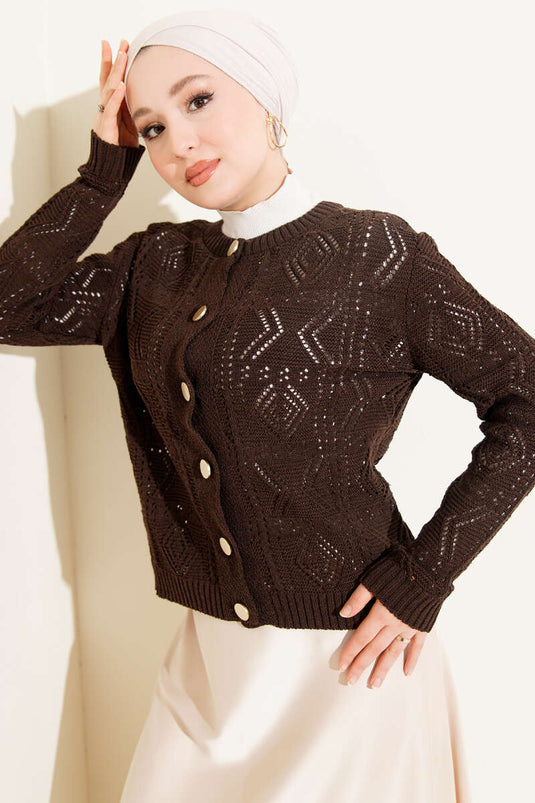Cardigan corto traforato con bottoni, maglia, colore caffè