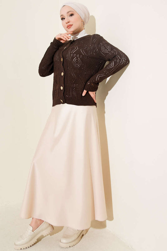 Cardigan corto traforato con bottoni, maglia, colore caffè