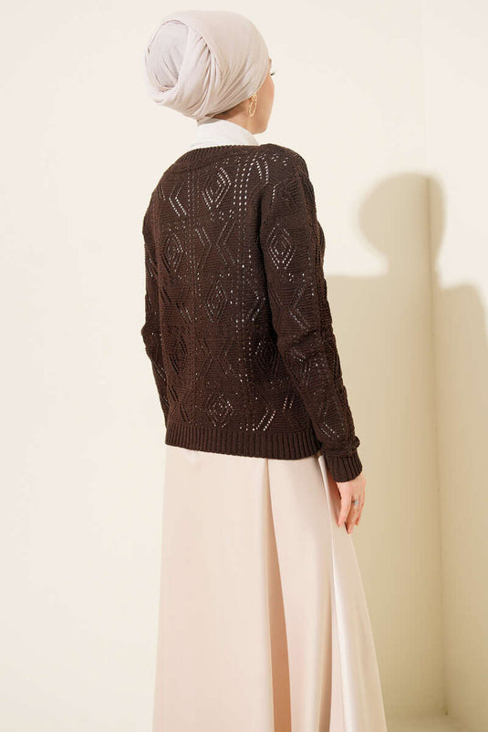 Cardigan corto traforato con bottoni, maglia, colore caffè