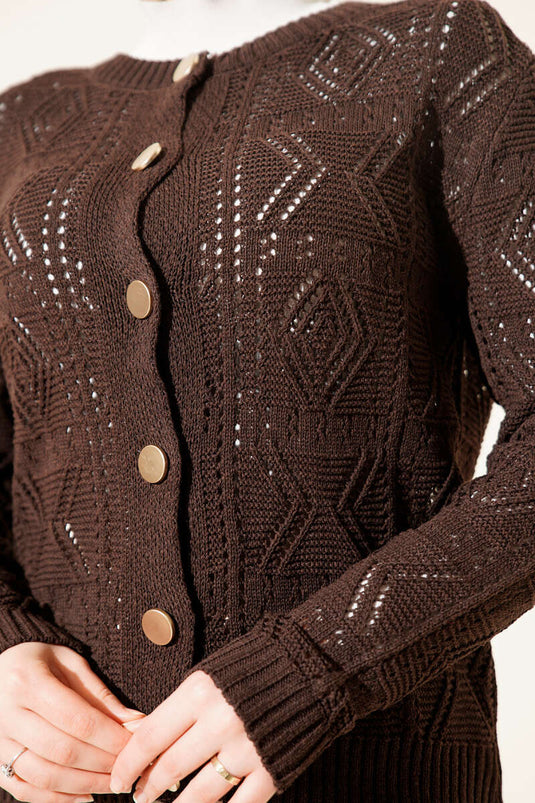 Cardigan corto traforato con bottoni, maglia, colore caffè